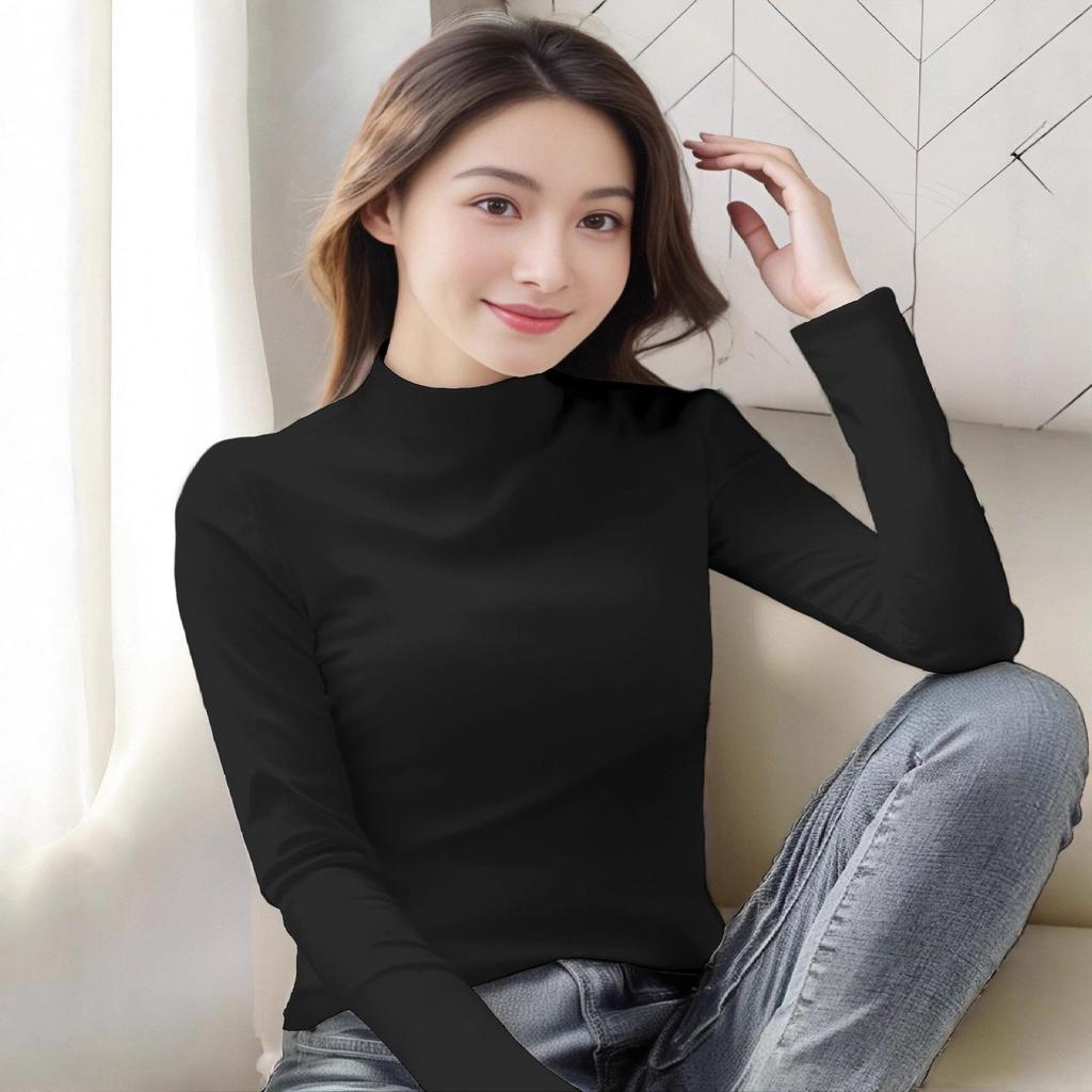 Women's Slim-Fit Fleece Long Sleeve Shirt - Autumn/Winter Solid Color, Half-High Collar