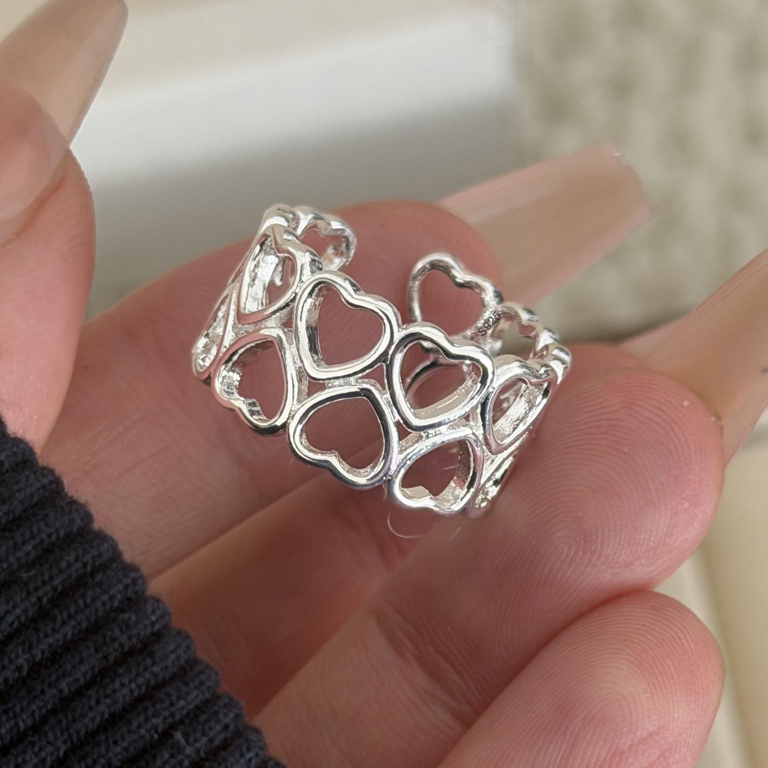 

BF CLUB 925 Sterling Rings for Women Simple Geometric Handmade Irregular Retro Hollow Heart Ring Allergy For Birthday Gift resizable