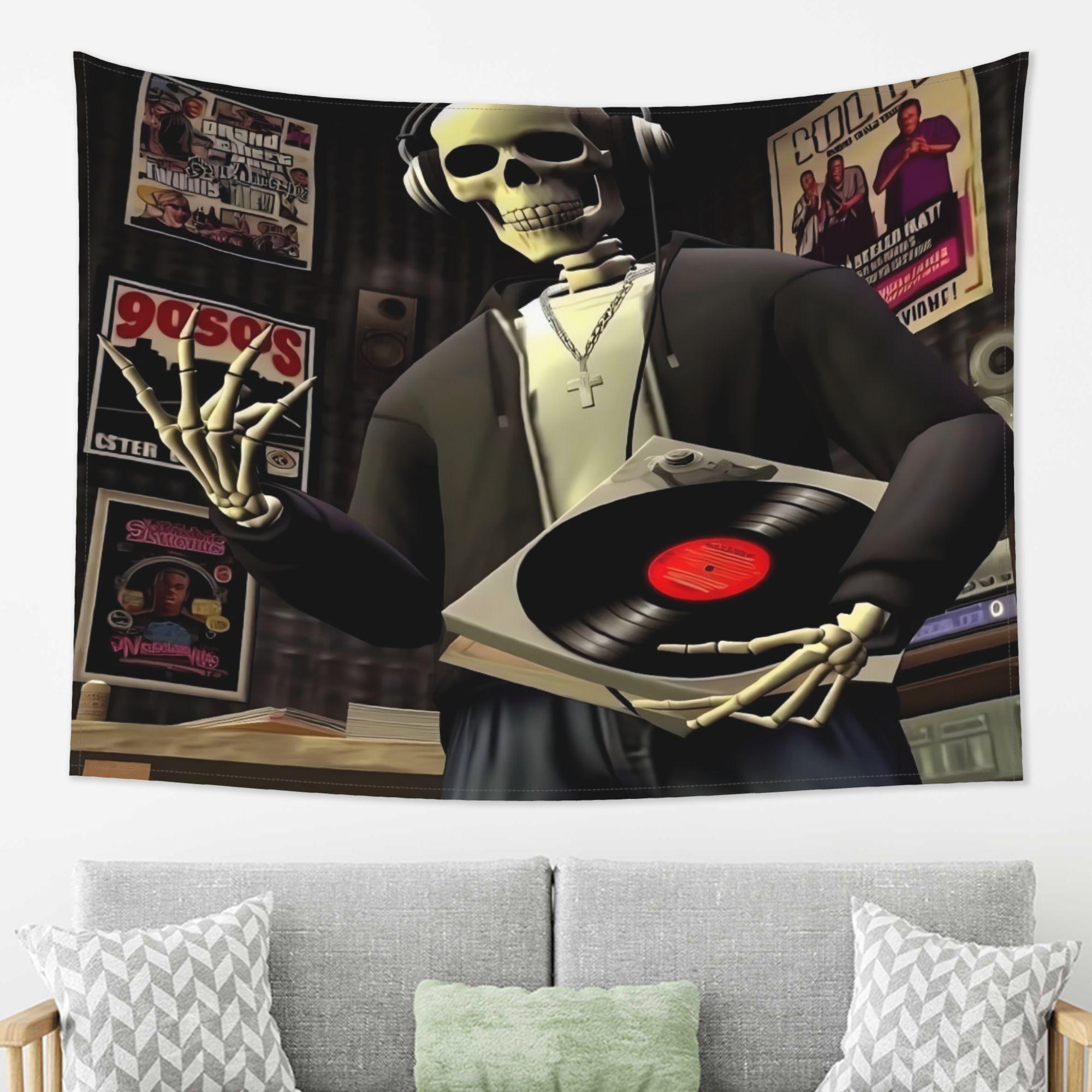 

Skeleton DJ Vinyl Record Tapestry Hip Hop Music Wall Art 90s Rap Culture Decor Urban Studio Room Hanging Decoration 74x94cm(29x37in)