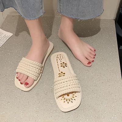 2025 Summer New Slippers Women's Fashion Outer Wear One Word Sandals Home Indoor Flat Bottom One Pedal Women's Slippers