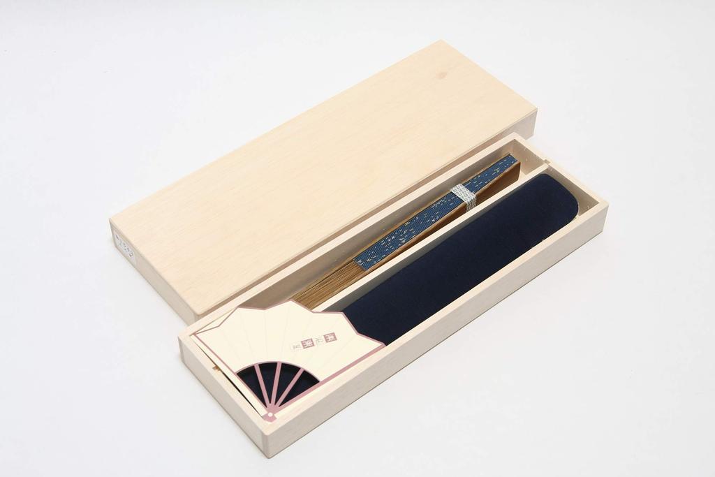 Hasegawa Men's Large Folding Fan with Pouch, Wooden Box, Made in Japan (Dragonfly/Navy)