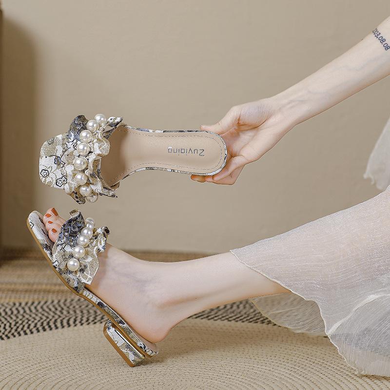 Fashion embroider ruffles low heel slippers women pearl beading flip flops mixed color printing slides sandalias de tacón big size 43