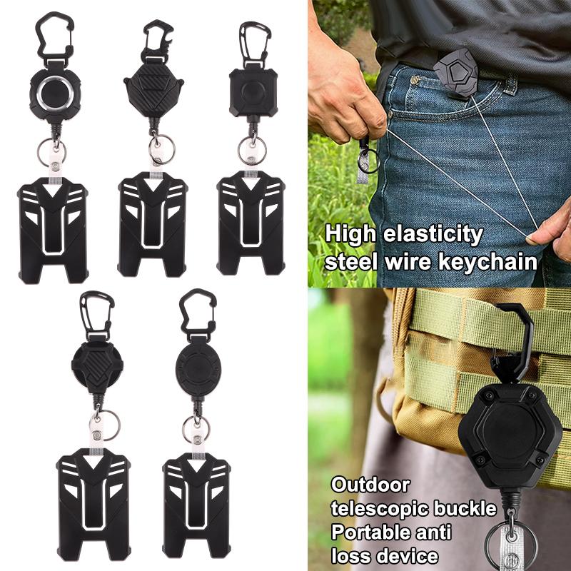 Retractable Badge Holder Heavy Duty Badge Clip Carabiner Keychain ID Card Holder Outdoor Steel Wire Rope Buckle Spring Keyring