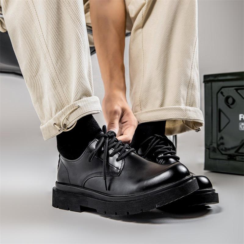 Black small leather shoes boys spring British platform versatile youth height increase formal business men's shoes