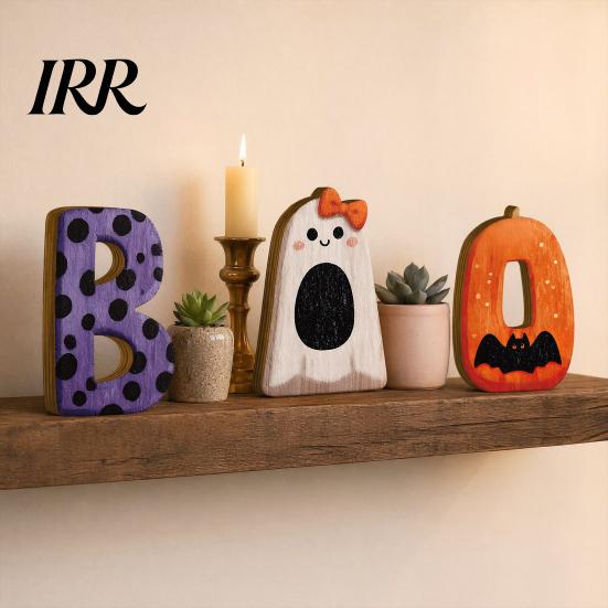 Halloween Ornament 3Pcs/Set Wooden Statues, Letter Bat Pumpkin Ghost with Bowknot Deisgn, Shape Decoration Desktop Ornaments, Holiday