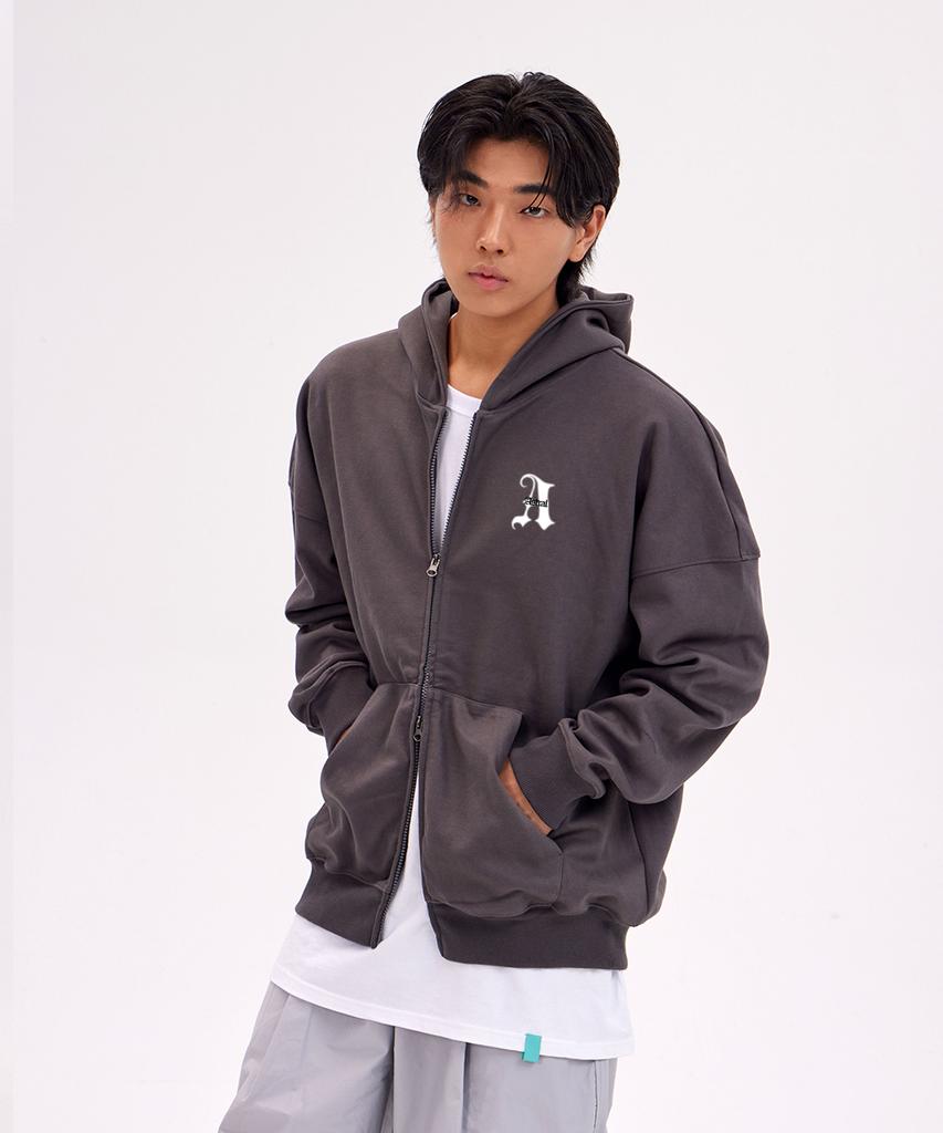 Astral Projection Astral A Oversized Wide Shoulder Zip-Up Hoodie_Charcoal