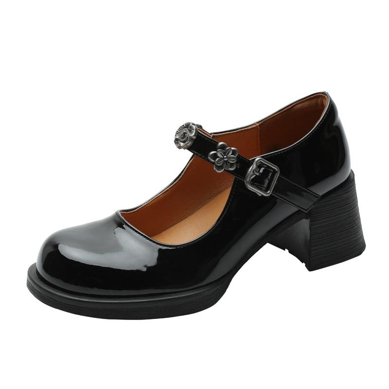 French retro round head bright patent leather single shoes women's versatile black light mouth temperament thick heel with Mary Jane shoes