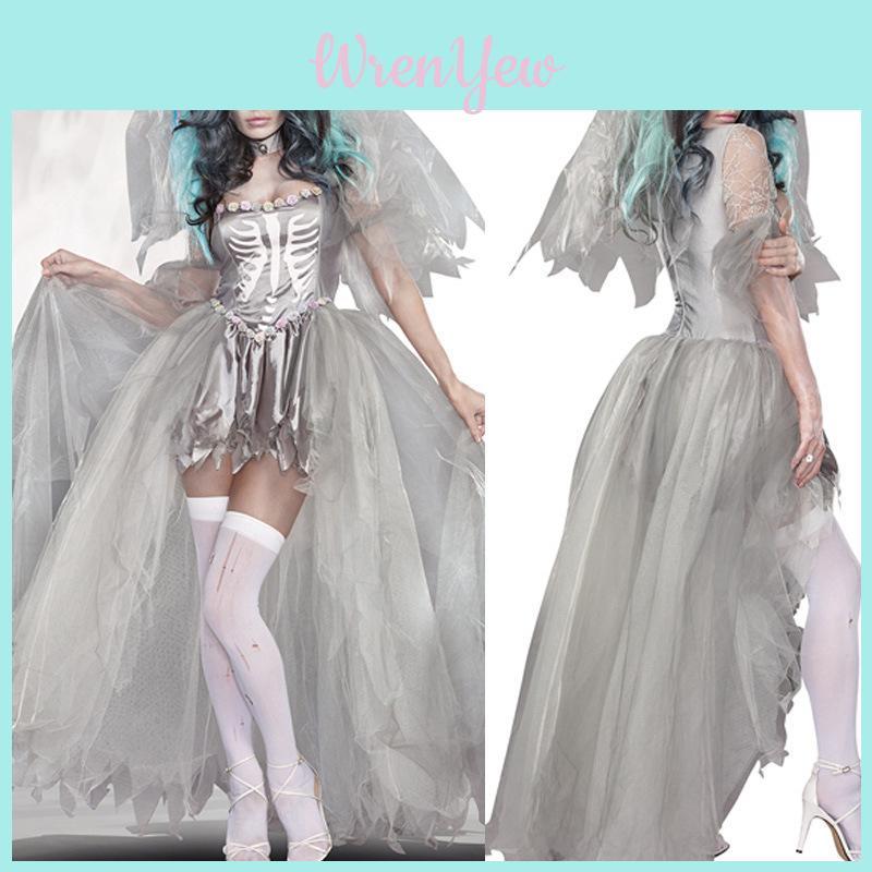 Enchanting Witch White Mesh Wedding Dress Set For Ghost Bride Carnival Costume