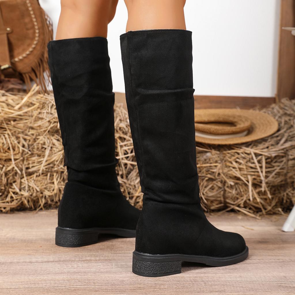 2025 noi cizme casual de mărime mare cu toc gros, cizme western din piele întoarsă, cizme înalte cu toc gros, cizme de modă, cizme plisate pentru femei