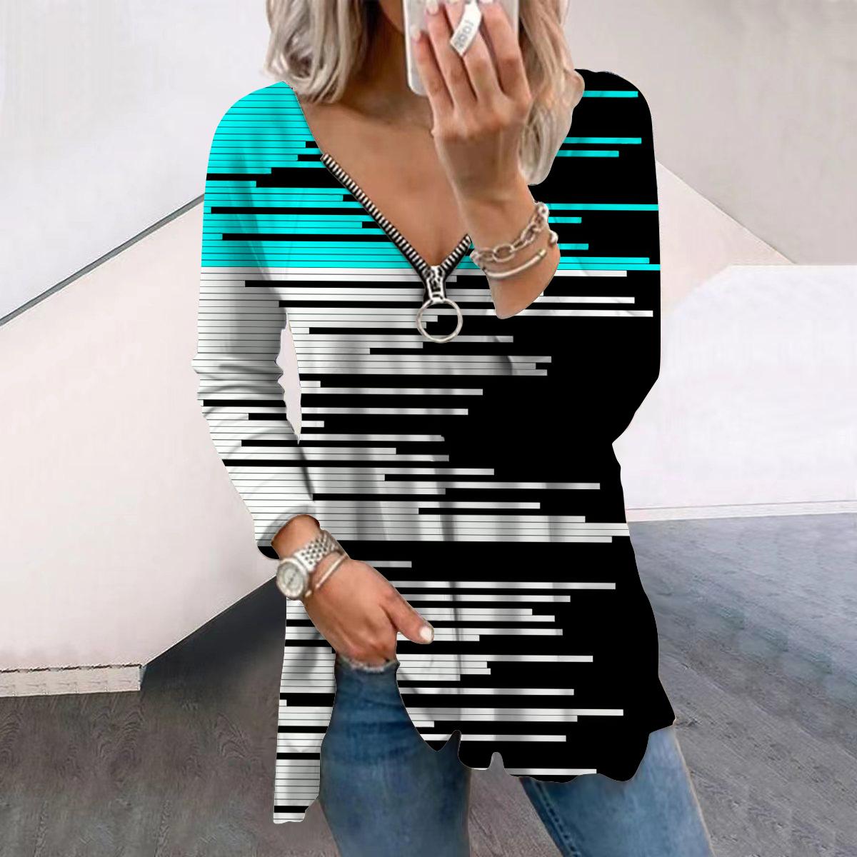 

Женские осенние черно-белые футболки с длинным рукавом с принтом, свободные футболки с V-образным вырезом больших размеров, удобные блузки 8XL светло-синий