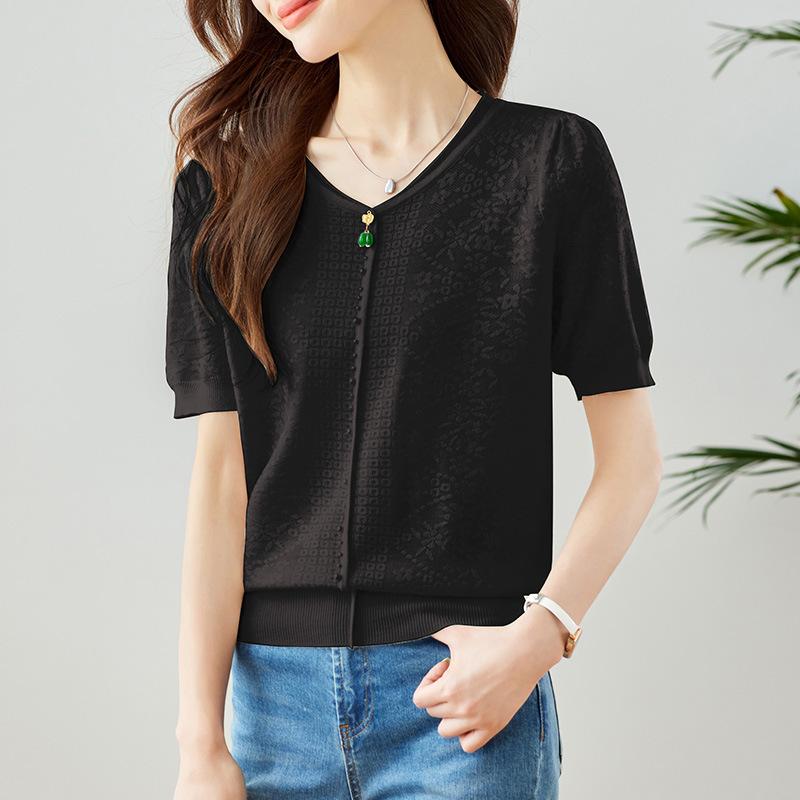 

Жаккардовый свитер для женщин Летом Новый Короткий рукав Повседневный для работы Круглый вырез Ледяной шелк Тонкий стиль One Size чёрный