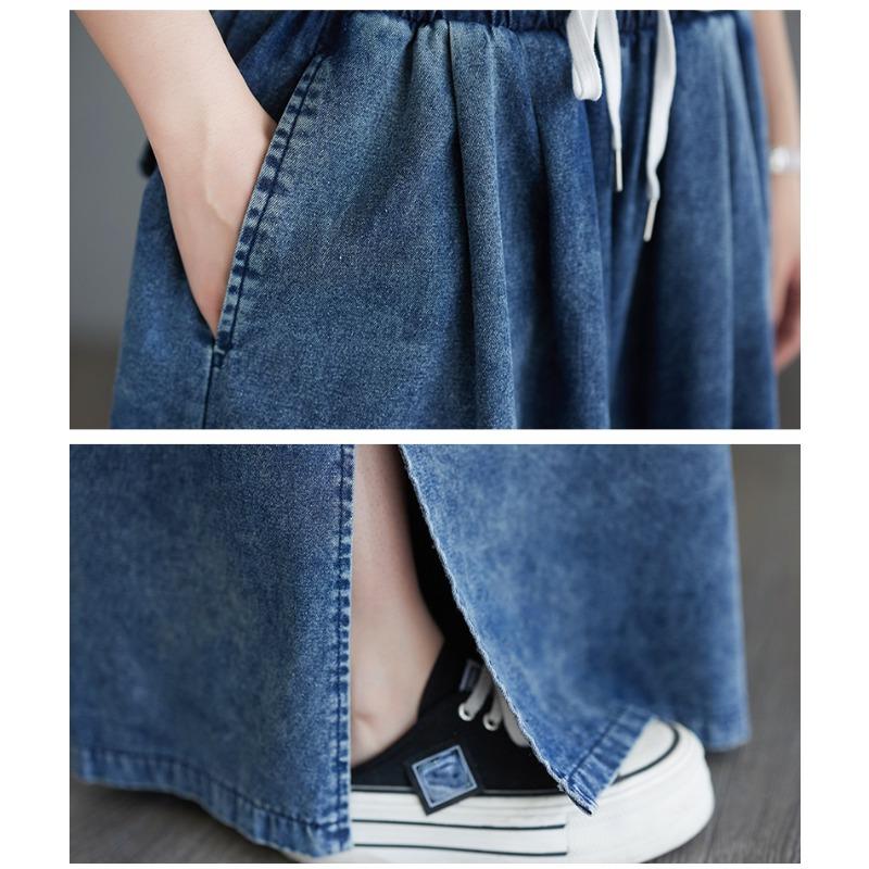 Summer Plus Size Women Jeans Long Pants Basic Trousers Loose Wide Leg Pants Casual Solid Blue Large Size