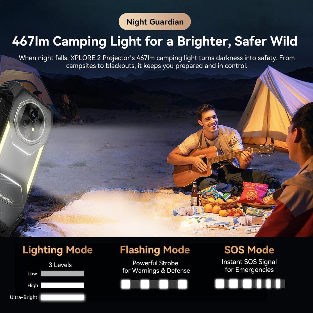 Blackview Projektor XPLORE 2 5G Wytrzymały Projektor Outdoorowy z 100-calowym Ekranem 4nm MediaTek Dimensity 8300 Bateria 20 000mAh i Światło Kempingowe 467lm