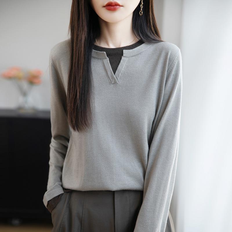 

Женский осенне-зимний трикотажный пуловер с длинным рукавом, универсальный топ, имитация костюма-двойки с круглым вырезом XXL