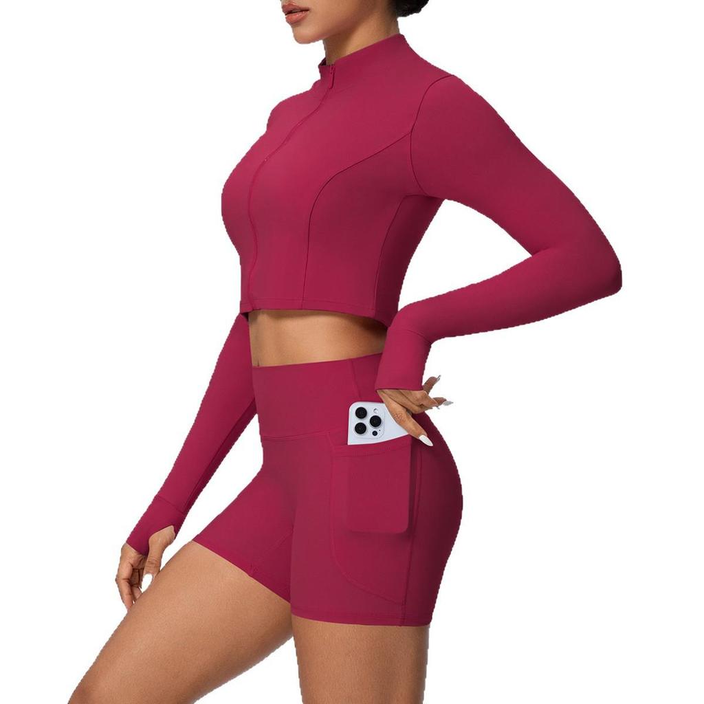 Women's Slim Fit Zip-Up Jacket & High-Waist Butt-Lifting Shorts Yoga Set
