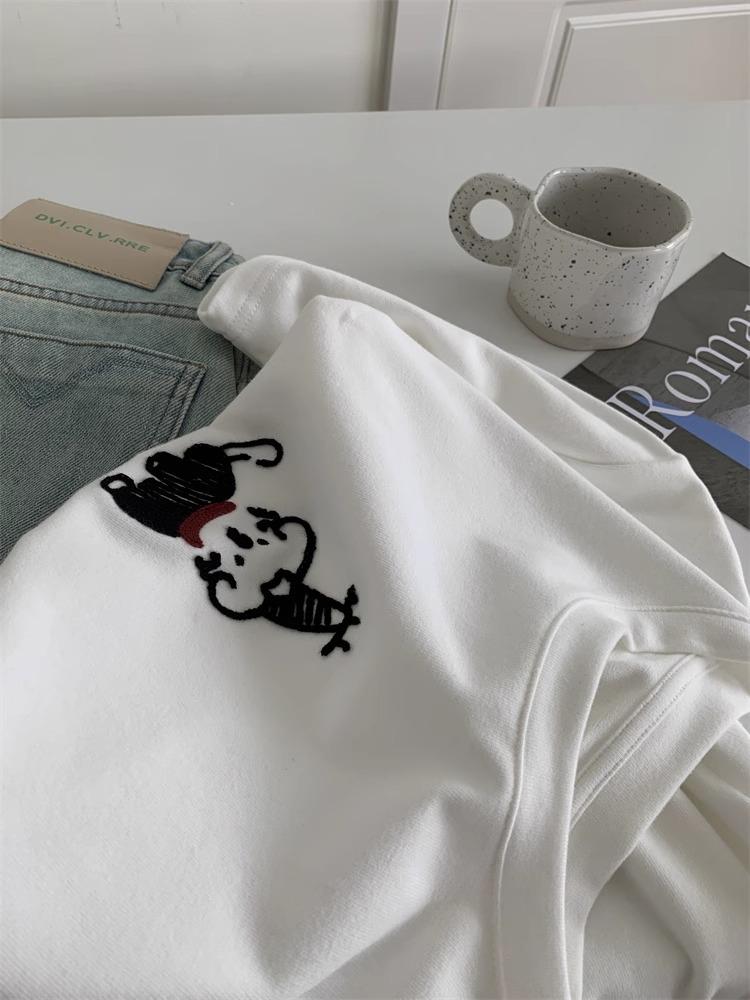 Graues besticktes Welpen Damen Casual Locker Kurzarm T-Shirt, Frühjahr 2025 Kollektion