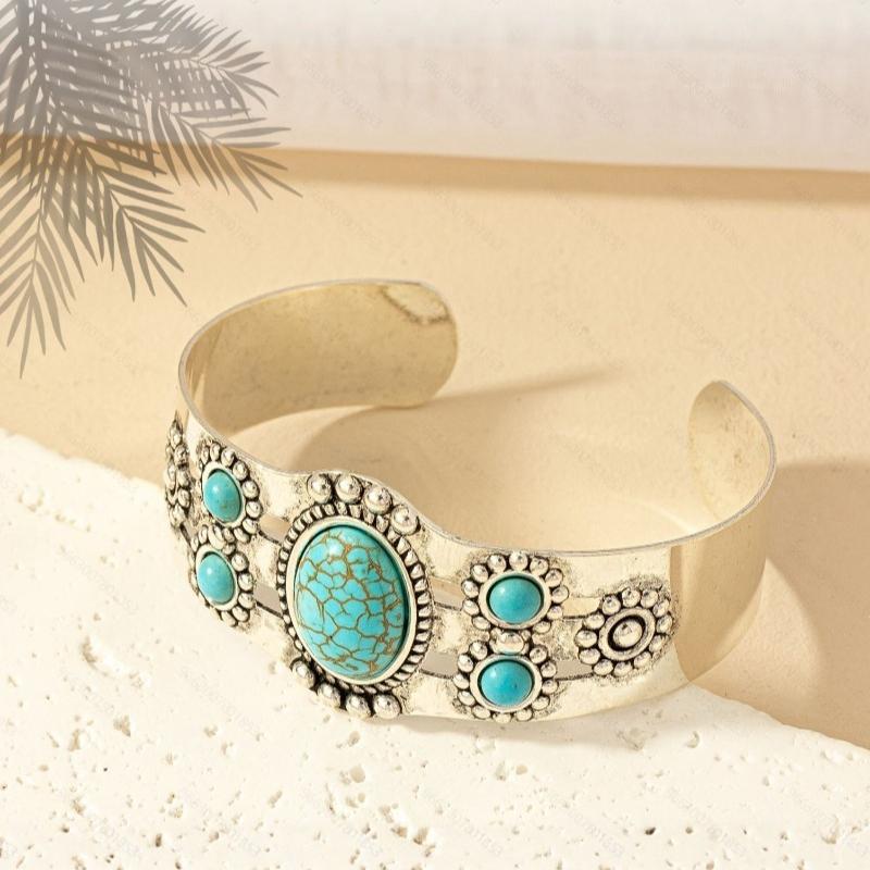 Vintage Court Style Turquoise Bracelet Women's Japanese and Korean Ins Style Niche Sense Fashion Open Hand Jewelry