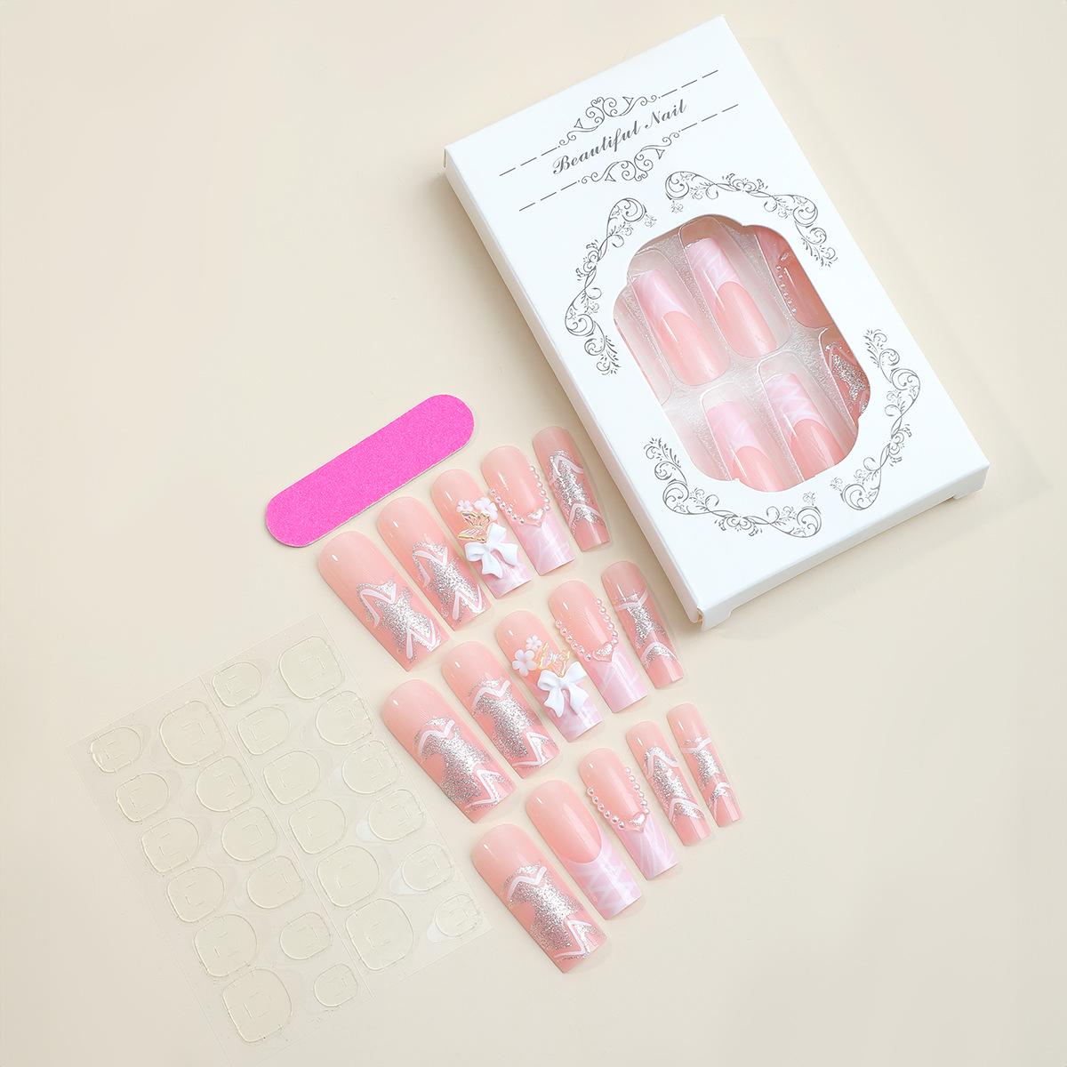 

Европейские и американские очень длинные носимые розовые ногти-бантики с 3D-дизайном