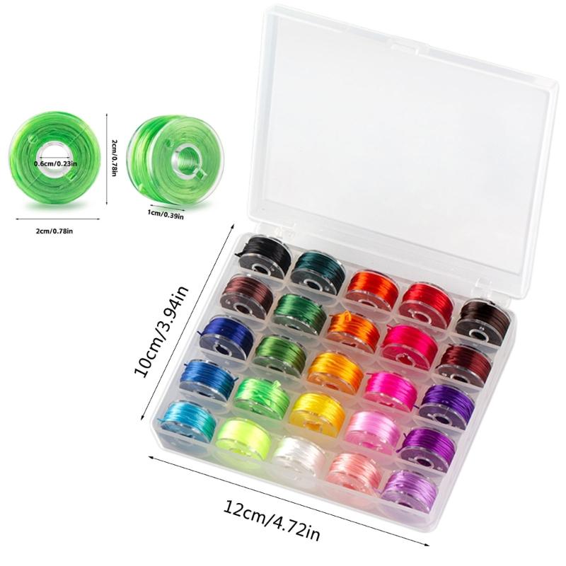 Pack of 25 Assorted Colors Elastic Thread Handy Sewing Machine Bobbins with Storage Box for Jewelry Making and Crafts