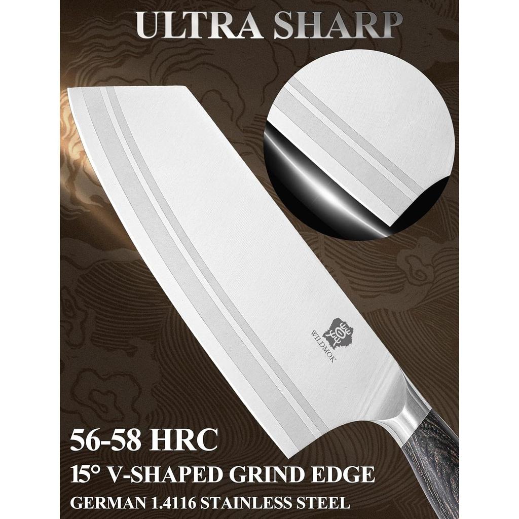 WILDMOK 7.8 Inch Chinese Chef Knife Stainless Steel Material with Black Pakkawood Handle Kitchen Cleaver Vegetables Knife