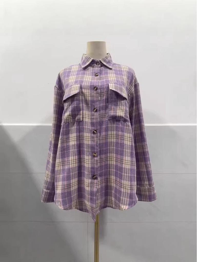 2026 Women's Autumn-Winter Loose Plaid Pocket Shirt: Casual European & American Style