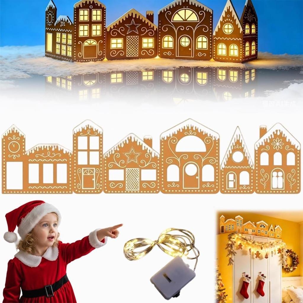 Foldable Christmas Village Decor with LED String Lights Gingerbread House Set Holiday Tabletop Ornaments for Home Office Mantel