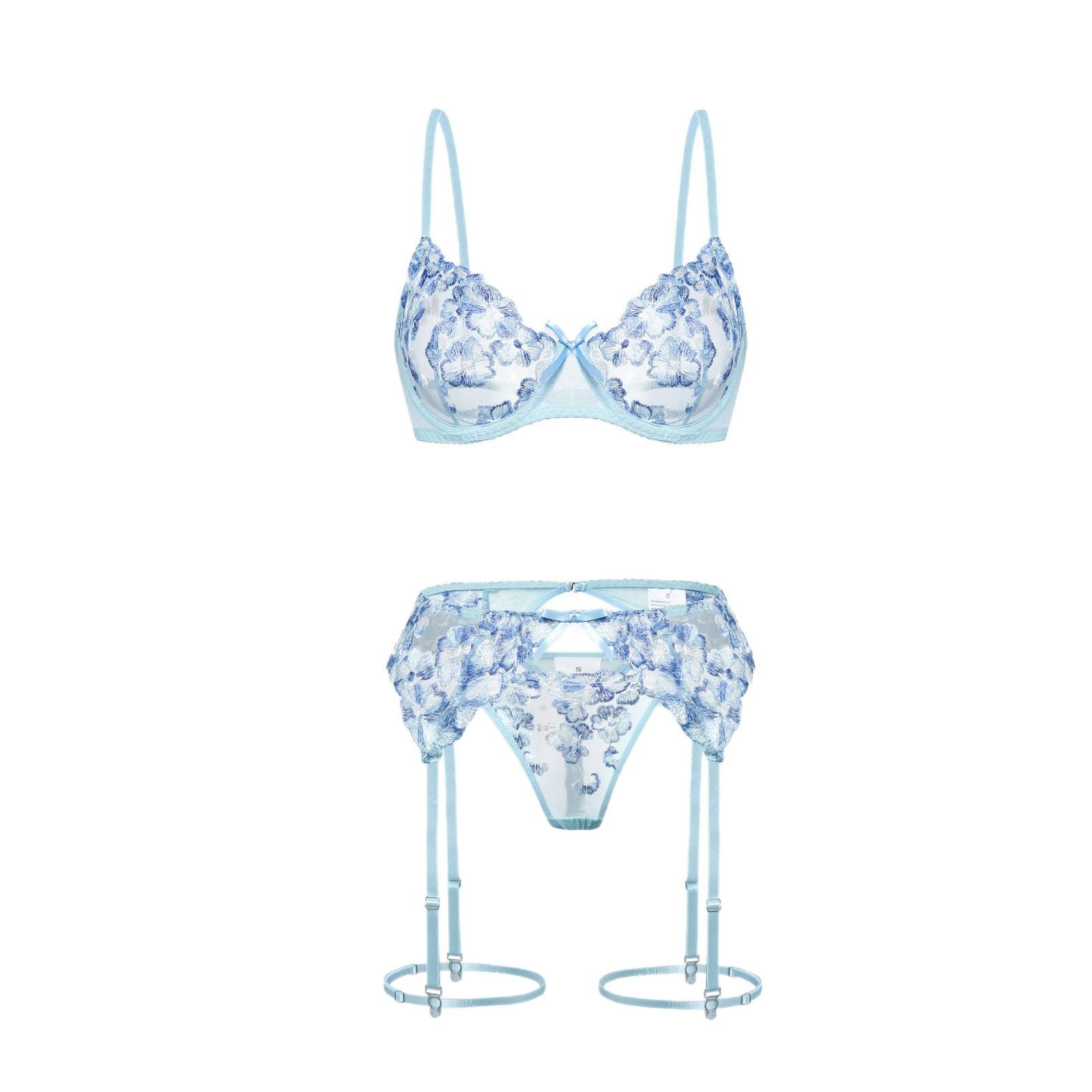 Европейский и американский сексуальный комплект нижнего белья, ультратонкая вышивка, прозрачная сетка, кружево, сексуальное искушение, женский комплект S небесно-голубой