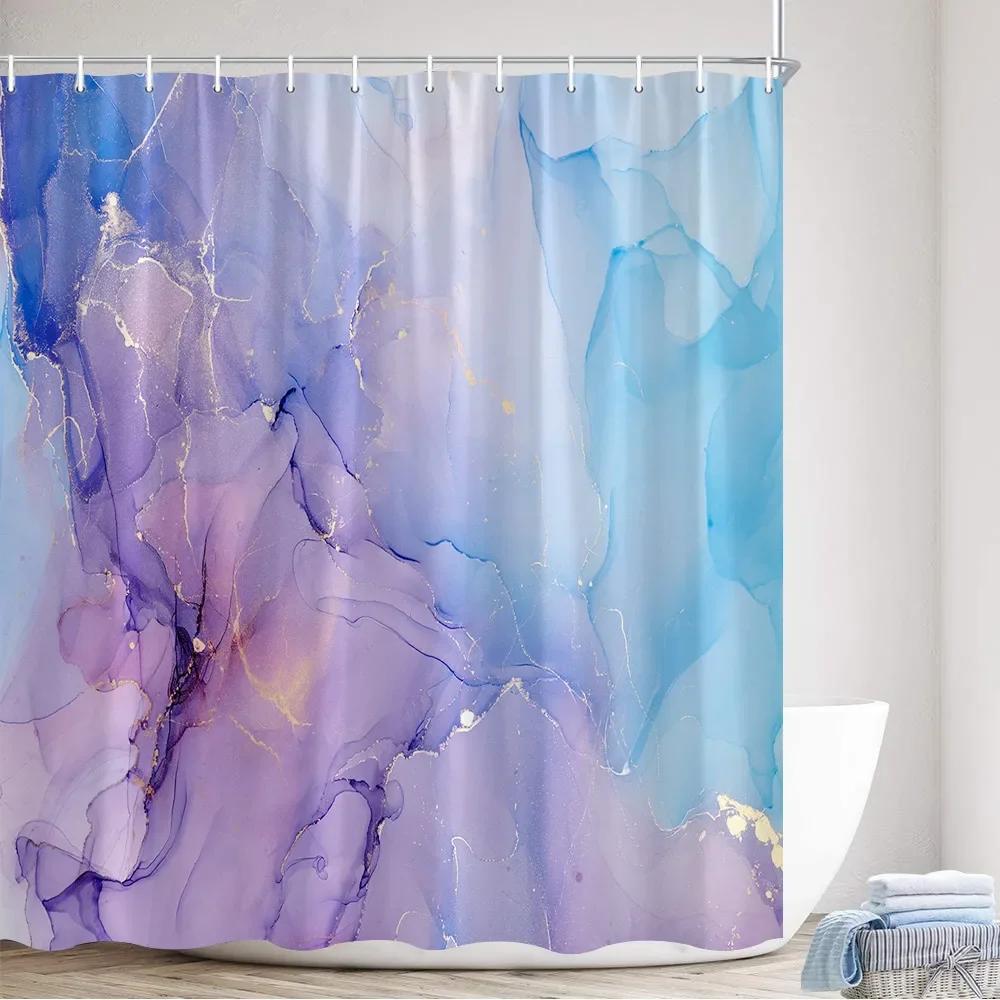 Abstract Marble Shower Curtains Creative Geometric Design Blue Purple Watercolor Print Bath Curtain Modern Fabric Bathroom Decor