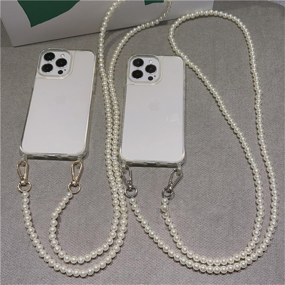 Luxury Crossbody Pearl Necklace Lanyard Transparent Case For iPhone 16 17 14 11 12 13 15 Pro Max XR X 8 7 Plus Chain Strap Cover