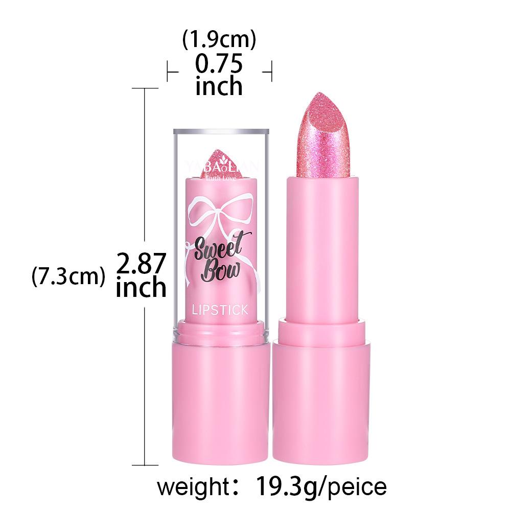Bow Glitter Lipstick Bright Rose Pink Diamond Lipstick Mirror Pearlescent Shine Waterproof Long-Lasting Glossy Lip Tint Makeup