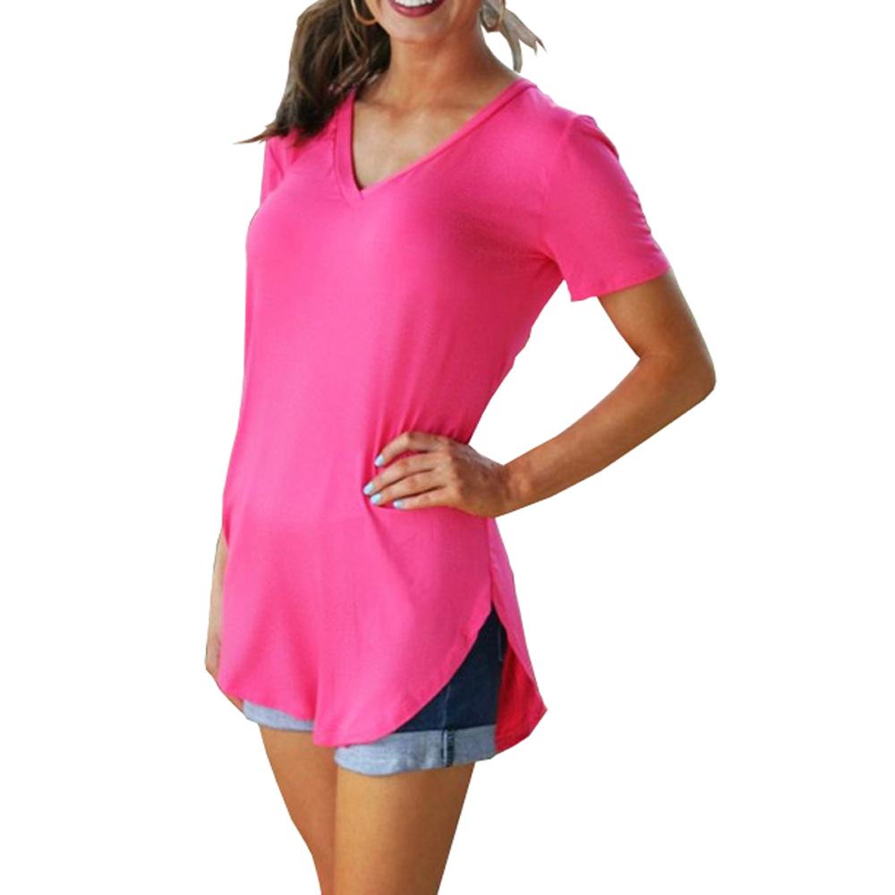 Women’s Summer Solid Color Loose V-Neck T-Shirt, Short-Sleeved, 5XL Large Size.