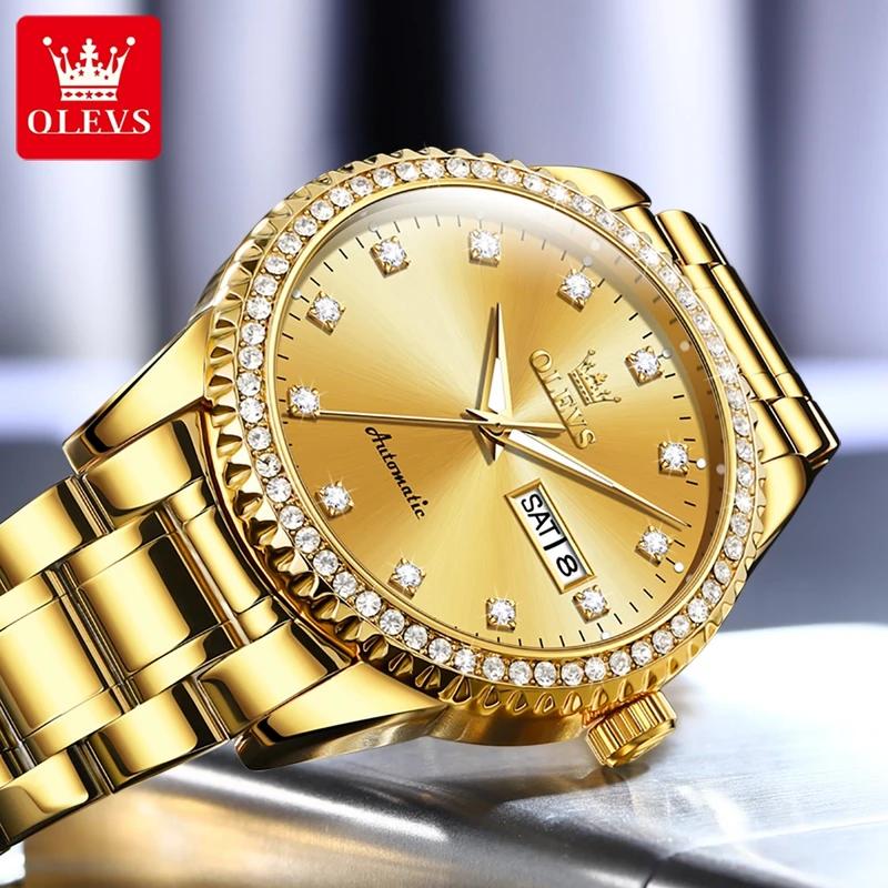 OLEVS Men's Watch Luxury Brand Diamond Automatic Mechanical Watch Stainless Steel Waterproof Calendar Business Men's Watch