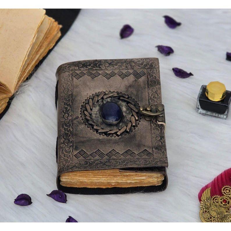 Embossed Leather Diary - Handmade Vintage Leather Journal with Blue Stone - Book of Shadows