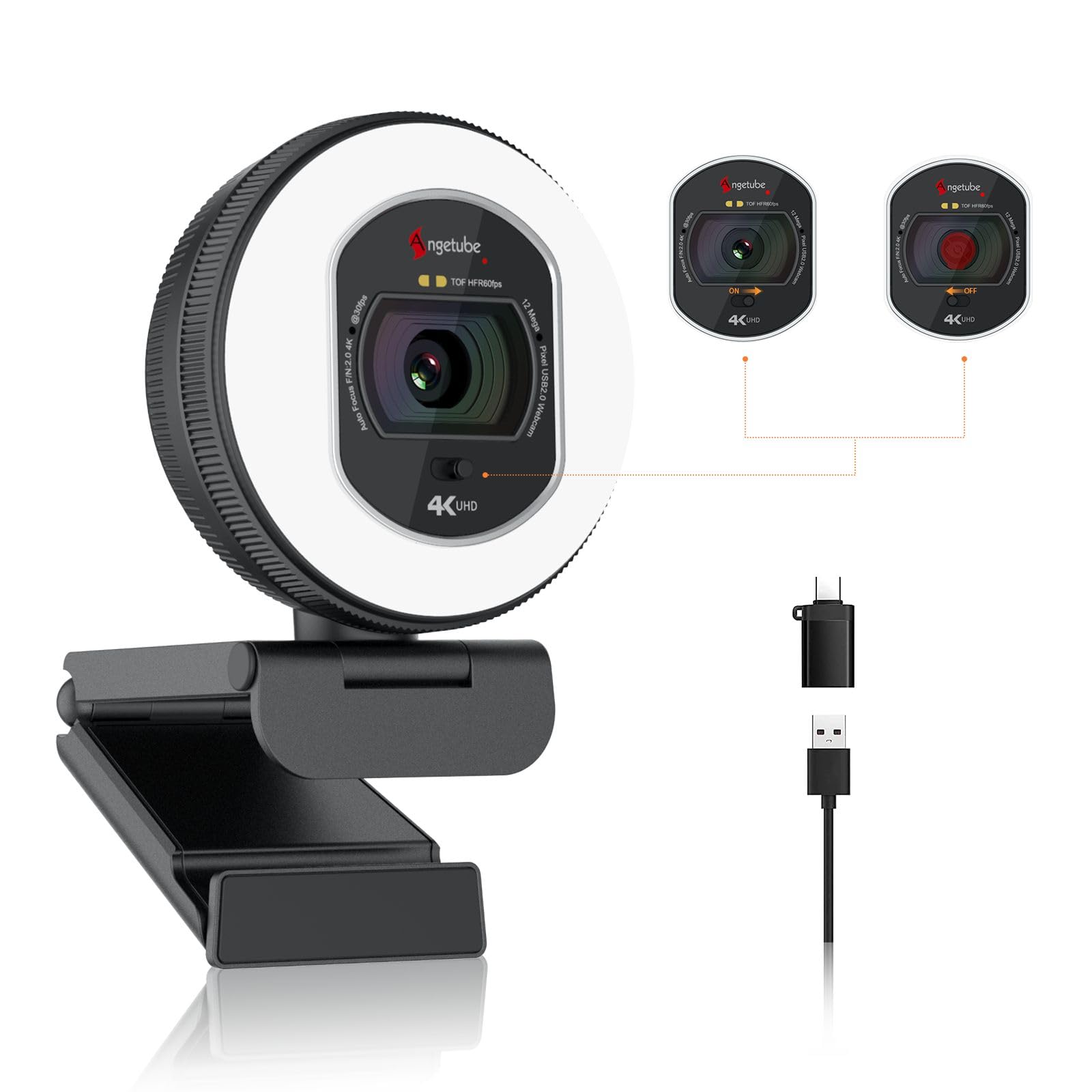 

Angetube 4K Webcam for Megapixel Ultra HD 1080P Adjustable Ring Privacy TOF USB A USB C Plug for for Remote and Compatible with and PC, 8.3 60FPS, чорний