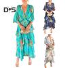 Women Dress Multi-layered Hem Lace-up Slim Waist Colorful Printing Maxi Dress Mid Sleeve V Neck Vacation Party Dress