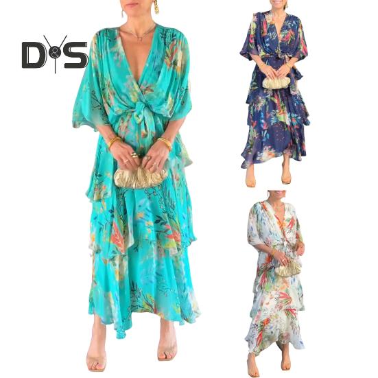 Women Dress Multi-layered Hem Lace-up Slim Waist Colorful Printing Maxi Dress Mid Sleeve V Neck Vacation Party Dress
