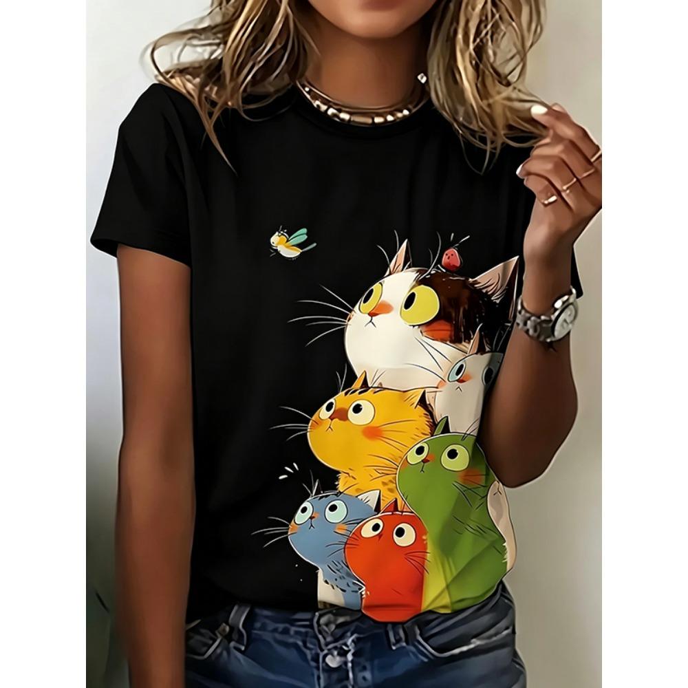 Colorful Stacked Cat Women's T-shirt - Cute Cartoon Cat Pattern