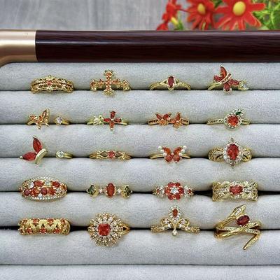 Medieval Vintage Orange Red Zircon Inlaid Simple Open Ring Female Retro Flower Temperament Niche Index Finger Ring