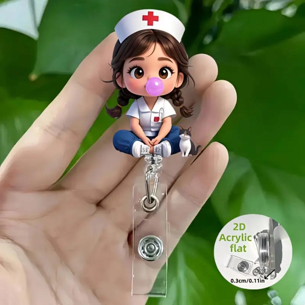 2D Flat Acrylic Cartoon Nurse & Doctor Card Holder, Retractable Badge Reel, Hospital ID Badge & Chest Pin for Doctors & Nurses