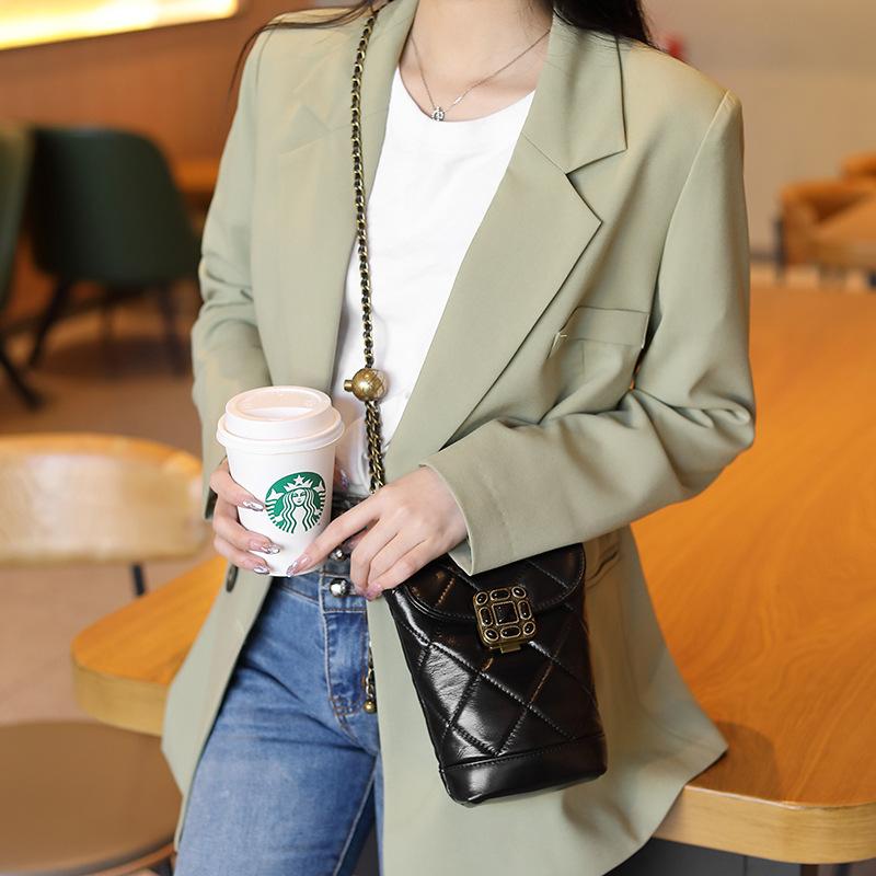 Fashion Leather Chain Mobile Phone Bag Small Xiangling Lattice Gemstone Small Gold Ball Single Shoulder Small Leather Women's Bag