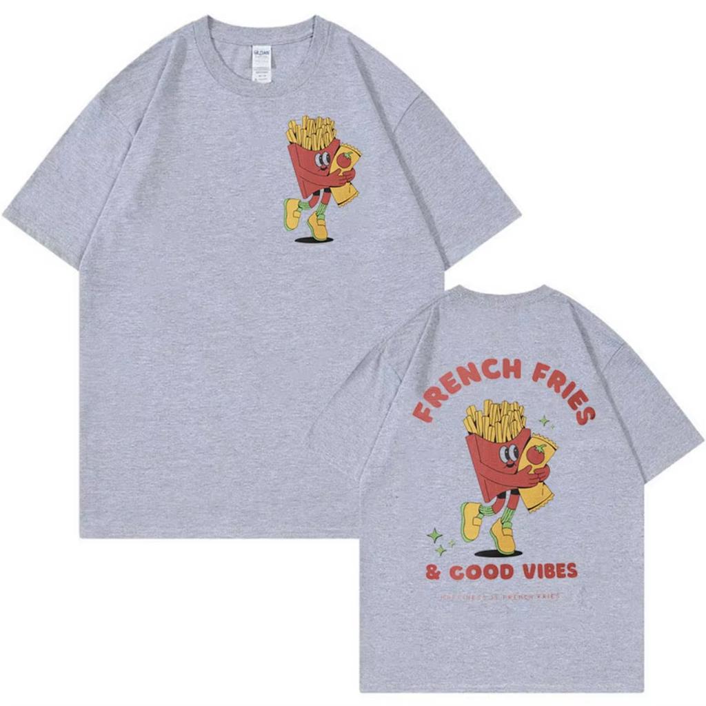 French Fries Good Vibes Printed Womens Tshirt Fashion Trend Top SpringSummer Pure Cotton Unisex Short Sleeve Tshirt