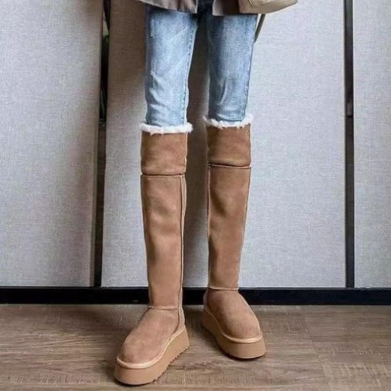 Fashion 2024 High Quality Round Toe Mid Heel Concise Women's Boots Turned-over Edge Knee-high Snow Boots Flat with Slip-on Ladies Shoes