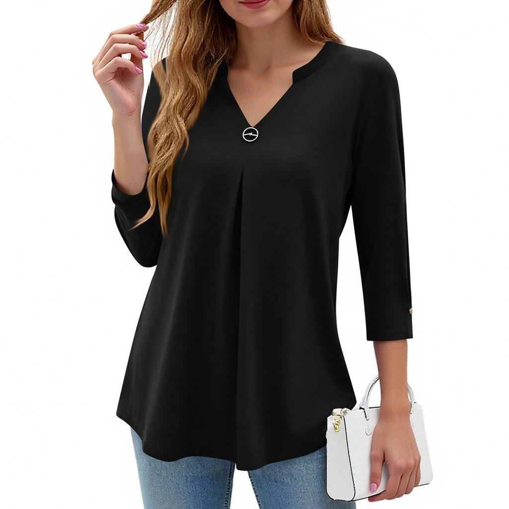 Damen Kragen V-Ausschnitt 3/4 Ärmel Hemden Business Casual Oberteile Locker Arbeit Blusen