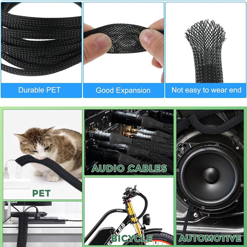 3m/9.85ft PET Expandable Braided Sleeving Flexible Wire Loom Mesh Sleeve Black for TV Audio PC Cords Protect From Pets Chewing
