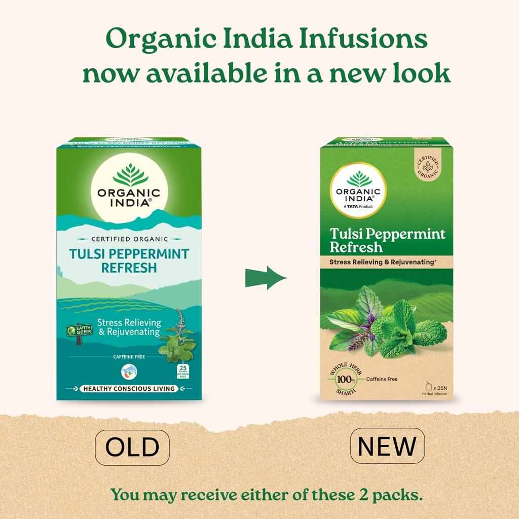 Organic India Tulsi Peppermint Refresh Tea Bags 25  | Stress Relieving & Rejuvenating Herbal Tea
