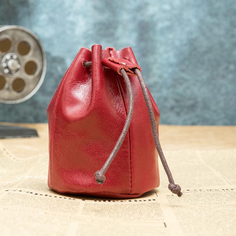 Vintage Leder-Münzbörse - Obernarben-Rindsleder, Kleine Geldbörse, Lippenstift-Aufbewahrung mit Kordelzugverschluss