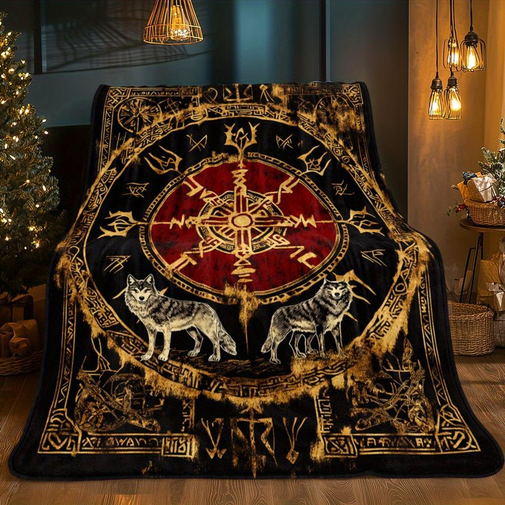 Wolves and Rune Patterns Flannel printed blanket suitable for all seasons suitable for living room office sofa and travel