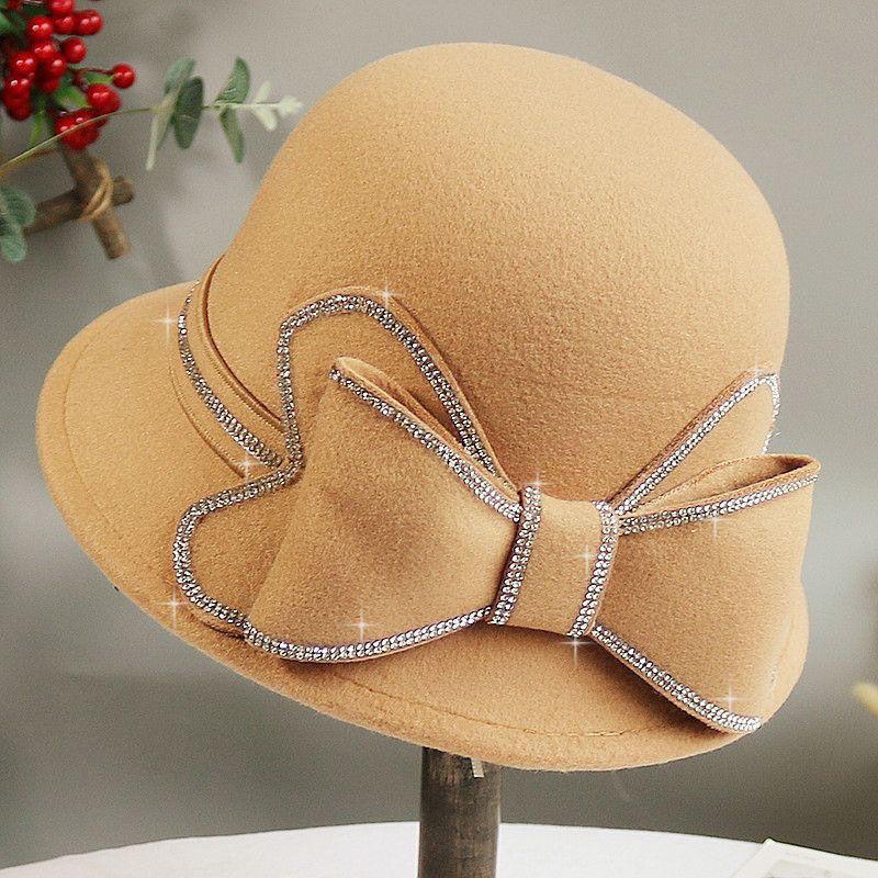 Autumn and Winter Ladies' Handmade Large Bow Pure Wool Beanie Hat Elegant and Versatile Small Rolled Edge Basin Hat for Women