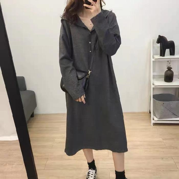 Solid color A-word hooded casual large-size dress European station long-sleeved T-shirt skirt medium and long skirt (fish scale)