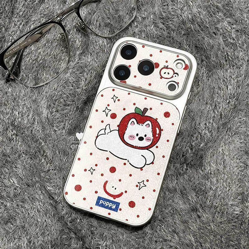 

Apple Head Dog Phone Case for 11-17 Pro Max, Cartoon Design, Silver Frame, Large Window iPhone 12